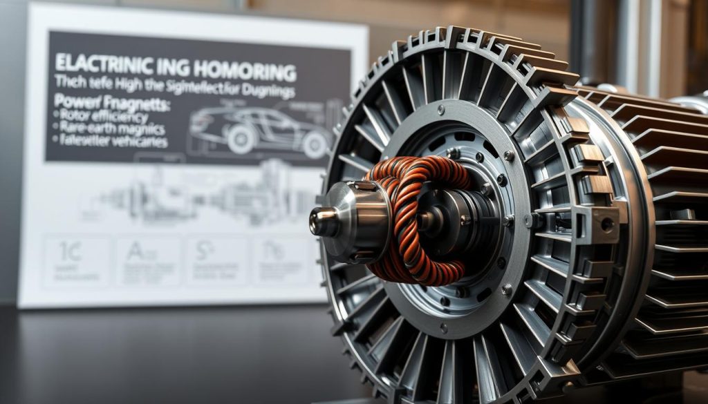 A close-up view of the internal components of an advanced electric motor drive for electric vehicles. The foreground features the sleek, metallic housing with intricate cooling fins and precision-engineered connections. In the middle ground, a cutaway reveals the complex assembly of high-efficiency windings, powerful rare-earth magnets, and a precisely machined rotor shaft. The background showcases a technical diagram highlighting the motor's key specifications and operating principles, set against a minimalist, industrial-chic backdrop with subtle lighting that accentuates the motor's mechanical elegance and engineering prowess. A close-up view of the internal components of an advanced electric motor drive for electric vehicles. The foreground features the sleek, metallic housing with intricate cooling fins and precision-engineered connections. In the middle ground, a cutaway reveals the complex assembly of high-efficiency windings, powerful rare-earth magnets, and a precisely machined rotor shaft. The background showcases a technical diagram highlighting the motor's key specifications and operating principles, set against a minimalist, industrial-chic backdrop with subtle lighting that accentuates the motor's mechanical elegance and engineering prowess.