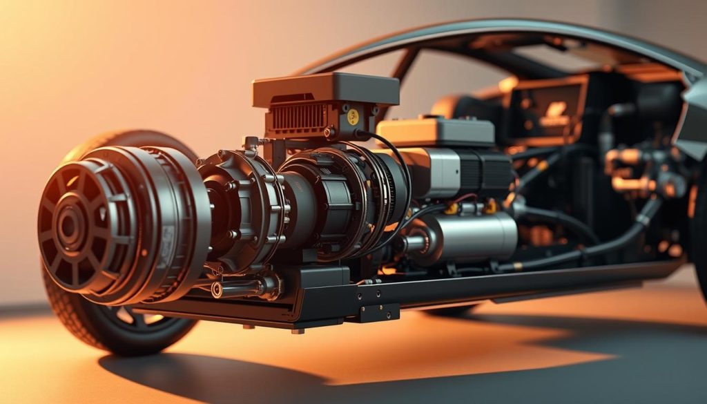 A complex and meticulously engineered electric vehicle drive system, visible in a cutaway view. The foreground features the electric motor, power electronics, and gearbox, all precisely modeled with a high level of technical detail. The middle ground showcases the cooling system and energy storage components, while the background reveals the vehicle's chassis and suspension. Warm, directional lighting illuminates the intricate mechanisms, casting dramatic shadows and highlighting the system's efficient and integrated design. The overall scene conveys a sense of technological sophistication and engineering excellence.