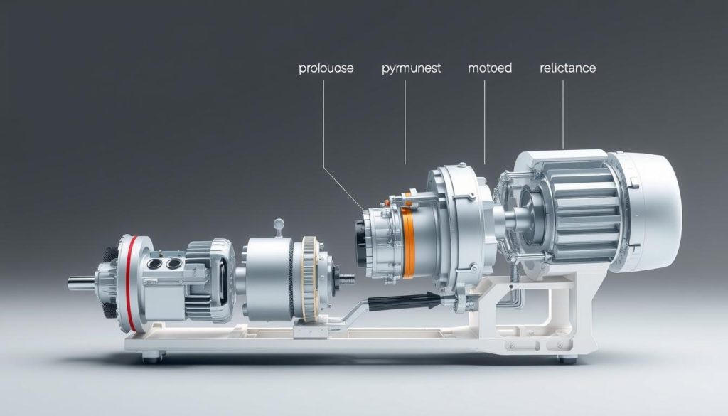 A cutaway diagram showcasing the various components and inner workings of different types of electric vehicle motors, including induction motors, permanent magnet synchronous motors, and switched reluctance motors. The motors are displayed in a clear, technical style with precise engineering details, while maintaining a sense of visual interest and cohesiveness. The image is rendered with a soft, neutral color palette, clean lines, and subtle shadows to emphasize the structural elements. The motors are presented at an angle to provide a detailed, cross-sectional view, allowing the viewer to fully appreciate the design and function of each motor type. The overall composition is balanced and designed to educate and inform the viewer about the diversity of electric vehicle motor technologies.
