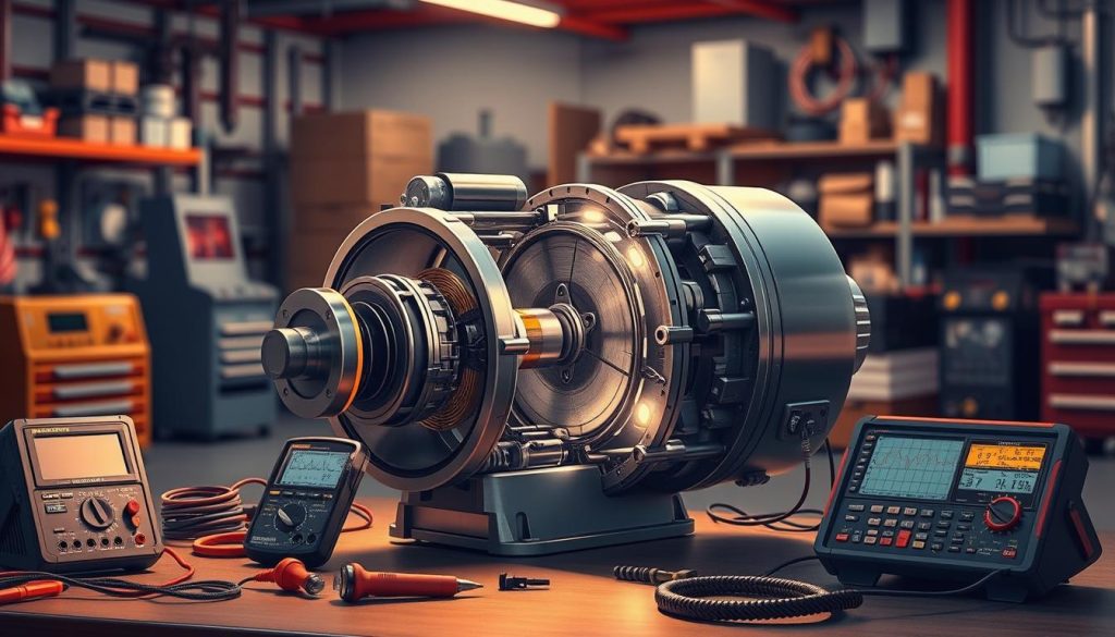 A detailed, technical illustration of an electric motor system undergoing troubleshooting. The scene depicts a cutaway view of the motor's internal components, including the rotor, stator, and electromagnetic windings. The motor is surrounded by diagnostic equipment such as multimeters, oscilloscopes, and specialized tools, all illuminated by warm, focused lighting that casts dramatic shadows. In the background, a blurred mechanical workshop provides context, with industrial shelving, toolboxes, and other equipment visible. The overall mood is one of methodical analysis and problem-solving, reflecting the technical nature of the electric vehicle drive system troubleshooting process.