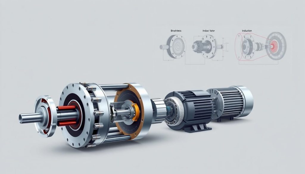 A detailed technical illustration showcasing the inner workings and key components of various electric vehicle motor types. In the foreground, a cutaway view reveals the precise assembly of a high-performance permanent magnet synchronous motor, its rotor and stator clearly visible. In the middle ground, a brushless DC motor and an induction motor are depicted side-by-side, their distinctive designs highlighted. The background features a schematic diagram illustrating the operational principles and electromagnetic fields of these motor topologies. Rendered in a technical, engineering-focused style with muted colors, clean lines, and precise attention to detail to aid in the understanding of EV motor technology.