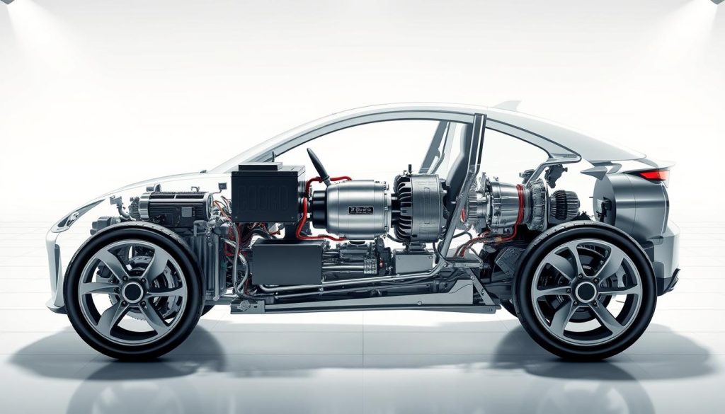 A high-quality, detailed illustration of electric vehicle drive system components. A cross-sectional view showcasing the integration of battery technology with the various drivetrain elements. Prominent in the foreground, the battery pack, electric motor, and power electronics module, all rendered in metallic tones with a sleek, technical aesthetic. In the middle ground, the transmission and differential assembly, their inner workings visible through a semi-transparent casing. In the background, a clean, minimalist environment with subtle grid patterns or technical diagrams, conveying a sense of advanced engineering and innovation. Crisp lighting from multiple angles highlights the mechanical precision and interconnected nature of the system. The overall mood is one of technological sophistication and efficient power delivery.
