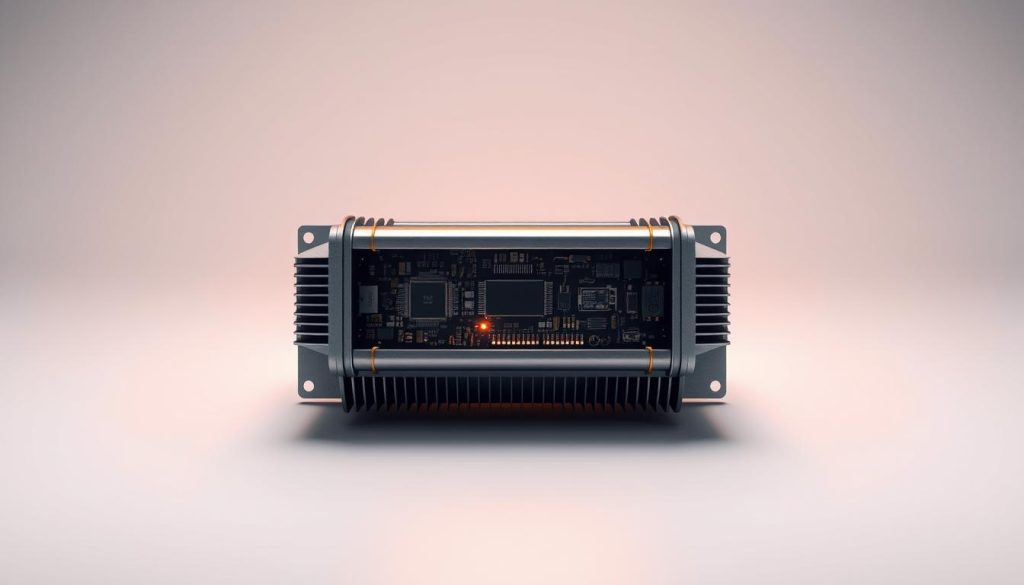 A high-resolution, photorealistic image of a modern electric vehicle motor controller, showcased against a clean, minimalist background. The controller is centrally positioned, its sleek metallic casing and intricate cooling fins clearly visible. Subtle lighting from above casts a warm glow, highlighting the complex circuitry and bus bars within. The layout is symmetrical and balanced, with a sense of engineering precision. The image conveys a technical, high-tech aesthetic, suitable for illustrating the "Implementing Electric Vehicle Motor Controllers" section of the article. A high-resolution, photorealistic image of a modern electric vehicle motor controller, showcased against a clean, minimalist background. The controller is centrally positioned, its sleek metallic casing and intricate cooling fins clearly visible. Subtle lighting from above casts a warm glow, highlighting the complex circuitry and bus bars within. The layout is symmetrical and balanced, with a sense of engineering precision. The image conveys a technical, high-tech aesthetic, suitable for illustrating the "Implementing Electric Vehicle Motor Controllers" section of the article.
