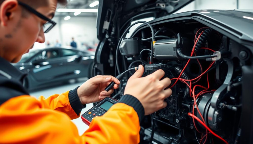 A technician closely inspects the intricate wiring and components of an EV motor drive system, using specialized diagnostic tools to identify and troubleshoot any issues. The scene is set in a well-lit, modern workshop, with a sleek, high-performance electric vehicle in the background. The technician's face is focused, their hands expertly manipulating the delicate machinery, as they work to ensure the optimal performance and reliability of the drive system. The image conveys a sense of technical expertise, attention to detail, and the importance of proper maintenance and troubleshooting for EV technology. A technician closely inspects the intricate wiring and components of an EV motor drive system, using specialized diagnostic tools to identify and troubleshoot any issues. The scene is set in a well-lit, modern workshop, with a sleek, high-performance electric vehicle in the background. The technician's face is focused, their hands expertly manipulating the delicate machinery, as they work to ensure the optimal performance and reliability of the drive system. The image conveys a sense of technical expertise, attention to detail, and the importance of proper maintenance and troubleshooting for EV technology.